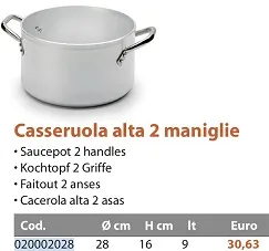 CASSERUOLA ALTA 3MM C/DUE MANICI D28 ALLUMINIO FASA