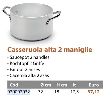 CASSERUOLA ALTA 3MM C/DUE MANICI D32 ALLUMINIO FASA