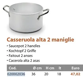 CASSERUOLA ALTA 3MM C/DUE MANICI D36 ALLUMINIO FASA