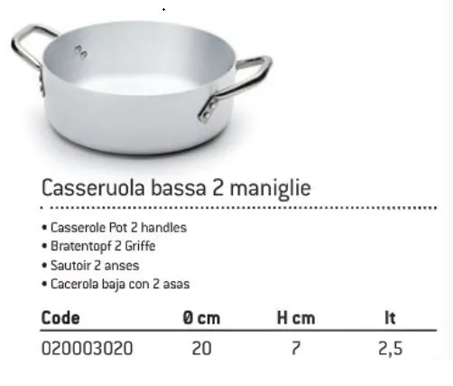 CASSERUOLA BASSA 3MM C/DUE MANICI D20 ALLUMINIO FASA