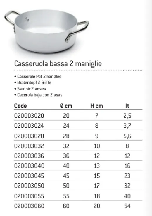 CASSERUOLA BASSA 3MM C/DUE MANICI D24 ALLUMINIO FASA