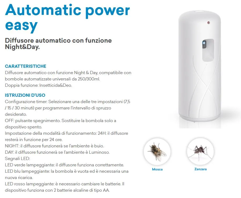 EROGATORE SPRAY AUTOMATICO POWER EASY X INSETTICIDA E DEODORANTI 250ML BIANCO