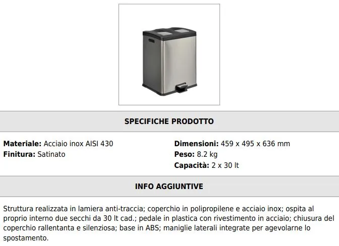 PATTUMIERA GETTACARTE MULTIFLUX DIFFERENZIATA ACCIAIO 60LT 2SCOMP 45.9X49.5X63H