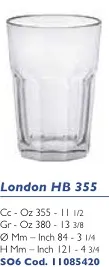 BICCHIERE TUMBLER ALTO 355CC LONDON 6PZXCF VETRO