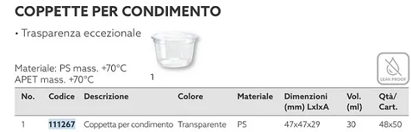 COPPETTA PER CONDIMENTO 30ML PS TRASPARENTE 50PZXCF