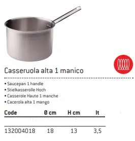 CASSERUOLA ALTA INDUZIONE-GAS 3MM C/MANICO D18 ALLUMINIO/ACCIAIO FASA