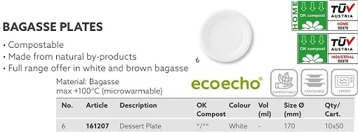 PIATTO DESSERT D17 COMPOSTABILE BIANCO 50PZX10CF