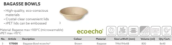CIOTOLA BAGASSE TONDA 800ML 194X194X48H COMPOSTABILE MARRONE 40PZX8CF 198939