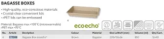 CONTENITORE BAGASSE RETT 850ML 230X155X36H COMPOSTABILE MARRONE 40PZX12CF 198934