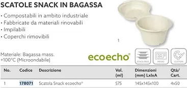 SCATOLA BAGASSE ECO C/COPERCHIO 575ML H100 40PZX4CFXCT 205729