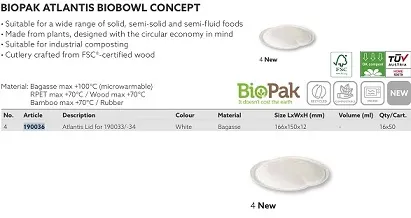 COPERCHIO BAGASSE ATLANTIS 500/900ML BIANCO 50PZX16CFXCT