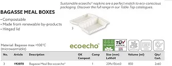BOX BAGASSE RETTANGOLARE 850/950ML 30.5X24X4.8H POLPA BIANCO 60PZX2CFXCT