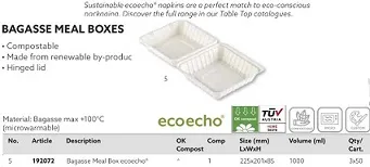 BOX BAGASSE QUADRO ECO 1000ML 22.5X20.1X8.5H POLPA BIANCO 50PZX3CFXCT
