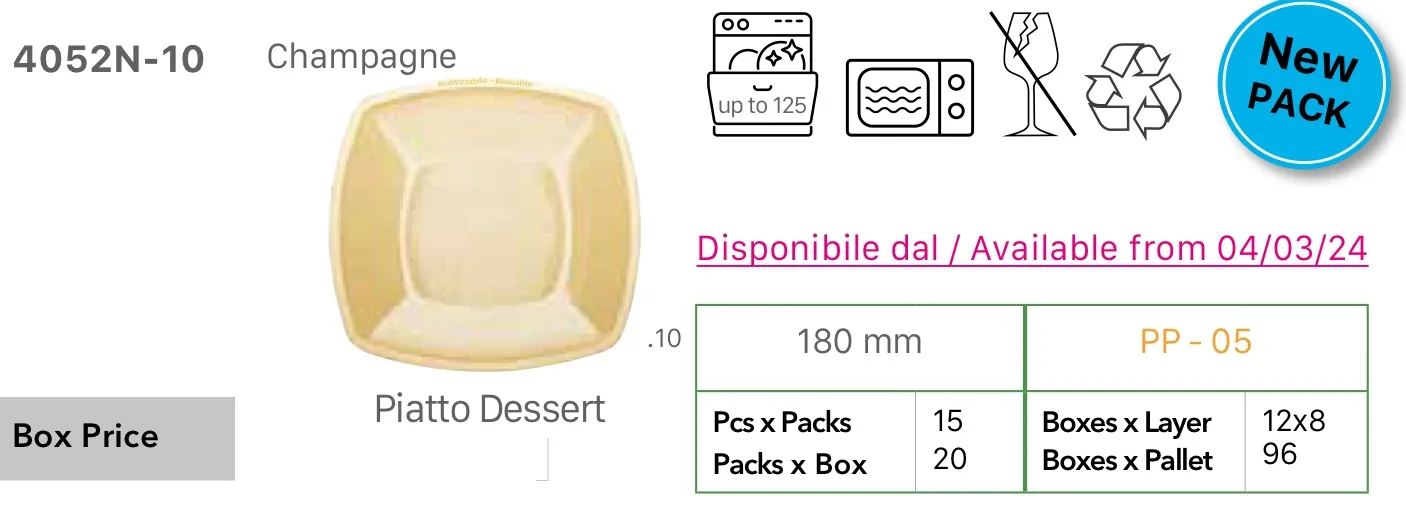 PIATTO QUADRO DESSERT CM18X18 CHAMPAGNE PP RIUTILIZZABILE 15PZX20CFXCT