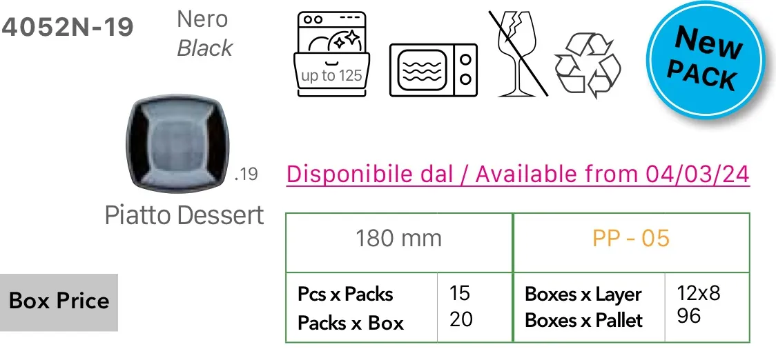 PIATTO QUADRO DESSERT CM18X18 NERO PP RIUTILIZZABILE 15PZX20CFXCT