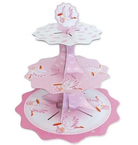 ALZATA 3 PIANI CICOGNA ROSA H35CM CARTONCINO
