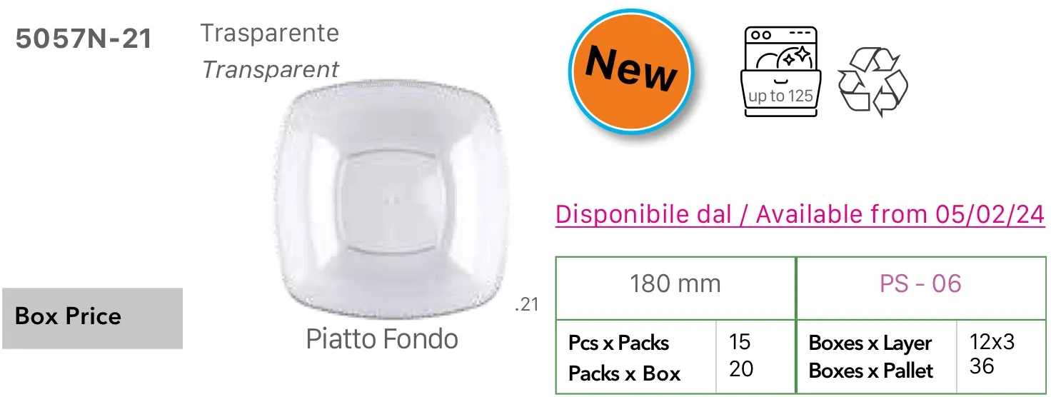 PIATTO FONDO QUADRO CM18X18 TRASPARENTE PS RIUTILIZZABILE 15PZX20CFXCT