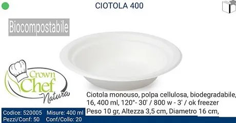 PIATTO CIOTOLA 400ML D16 COMPOSTABILE BIANCO 50PZX20CF