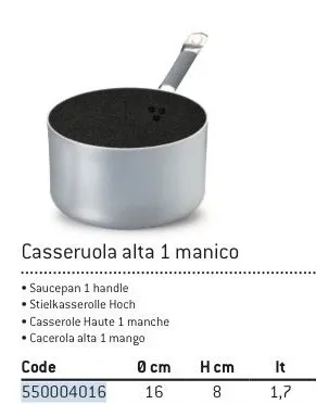 CASSERUOLA SHARK C/MANICO ALTA 1MM C/GUAINA TERMORESISTENTE D16 ALLUMINIO FASA