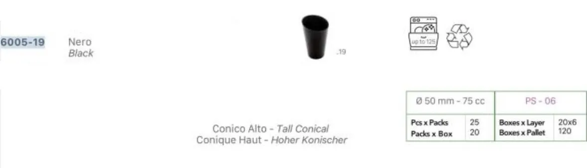 FING BICCHIERINO CONICO ALTO 75CC NERO 25PZX20CFXCT