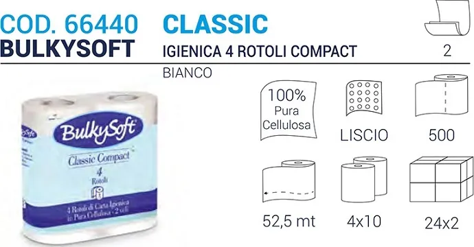 CARTA IGIENICA BULKYSOFT COMPACT 2V 500 STRAPPI PURA CELLULOSA 40RTXCT