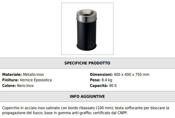 GETTACARTE POSACENERE GRISU' NERO C/PIATTO ACCIAIO IGNIFUGO 90LT40X40X75H