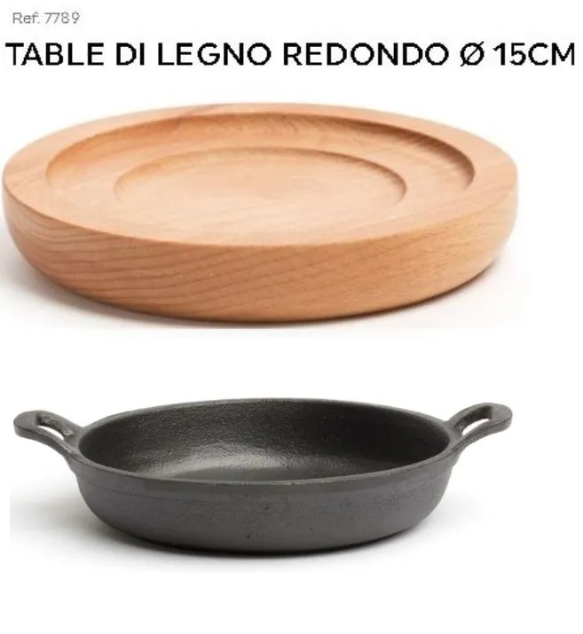 KIT PADELLINO GHISA C/SUPPORTO LEGNO TONDO COD.7509  D15X5.5H 24PZXCT
