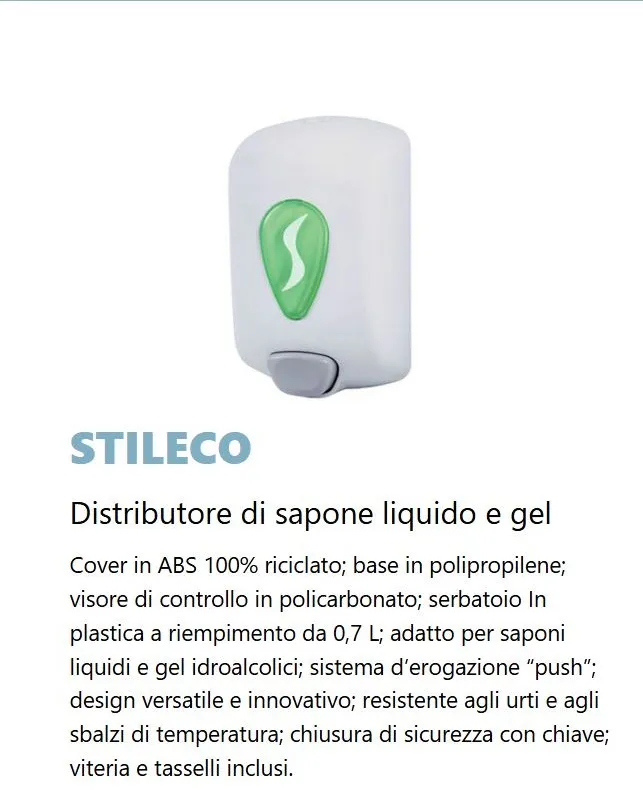 DISPENSER SAPONE LIQUIDO E/O IGIENIZZANTE STILECO ABS 700ML CM9X12.8X21 BIANCO