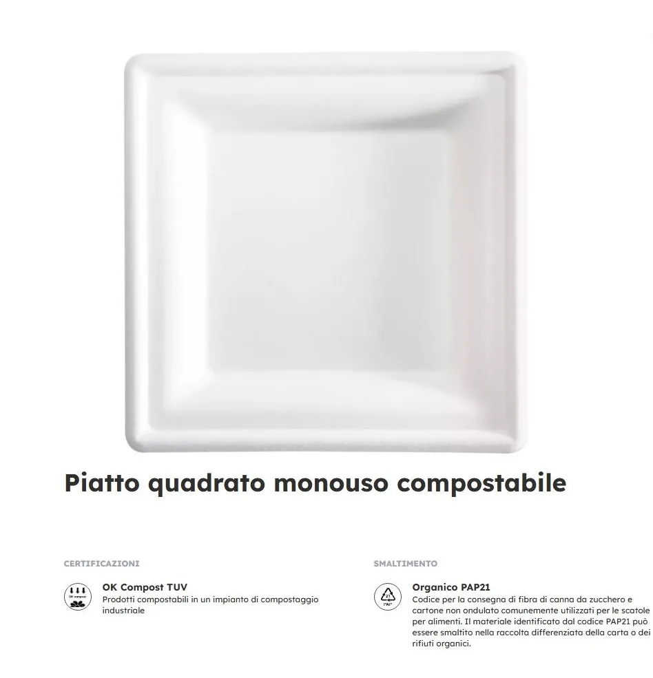 PIATTO PIANO QUADRO 16X16 COMPOSTABILE BIANCO 50PZX24CF