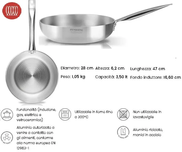 PADELLA ALTA SVASATA INDUZIONE ACADEMY CHEF D28 ALLUMINIO C/MANICO ACCIAIO