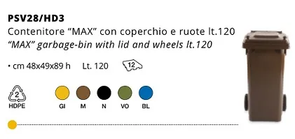 PATTUMIERA 120LT MARRONE C/COPERCHIO E 2 RUOTE 48X48X89H GIGANPLAST