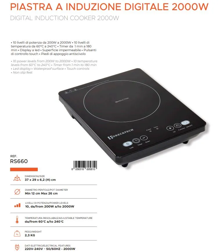 PIASTRA DIGITALE A INDUZIONE 2000W DA 60 A 240 CM37X29X6.2H