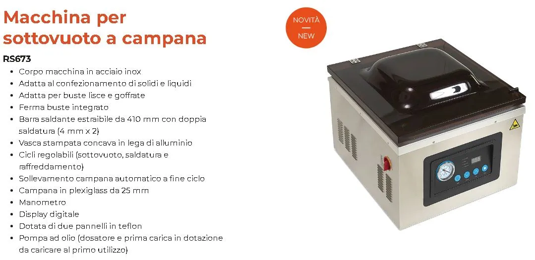 MACCHINA SOTTOVUOTO A CAMPANA 220-240V ACCIAIO BARRA 41CM BUSTE LISCE E GOFFR