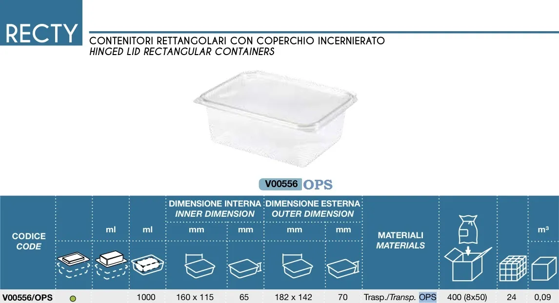 CONTENITORE OPS 1000ML RECTY C/COPERCHIO 160X115X65MM 50PZX8CF